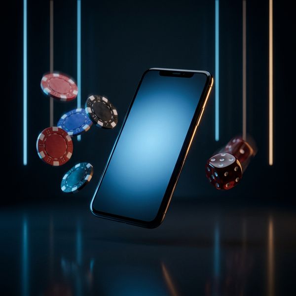 Sleek smartphone floating in dark studio void with casino chips and neon rim lighting