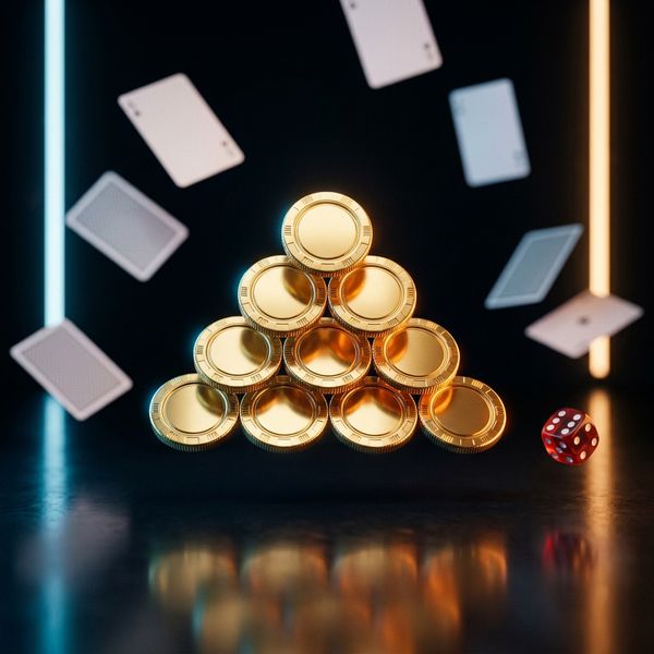 Premium casino chips cluster floating on dark reflective floor with dual-tone blue and amber rim lighting