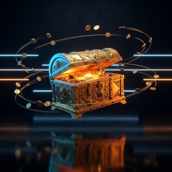 Golden treasure case with casino chips floating on dark reflective surface with neon rim lighting